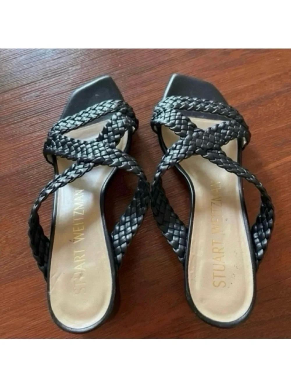Stuart Weitzman Black Rosie woven braided slide sandal leather